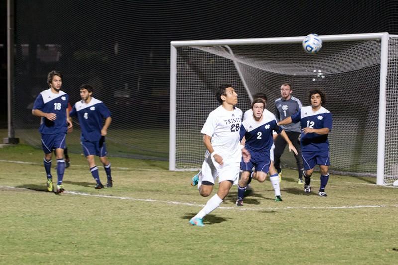Junior midfielder Yuri Ribeiro tracks the ball in an attempt to core in the game against Mississippi College last Saturday night. Photo by James Shultz.