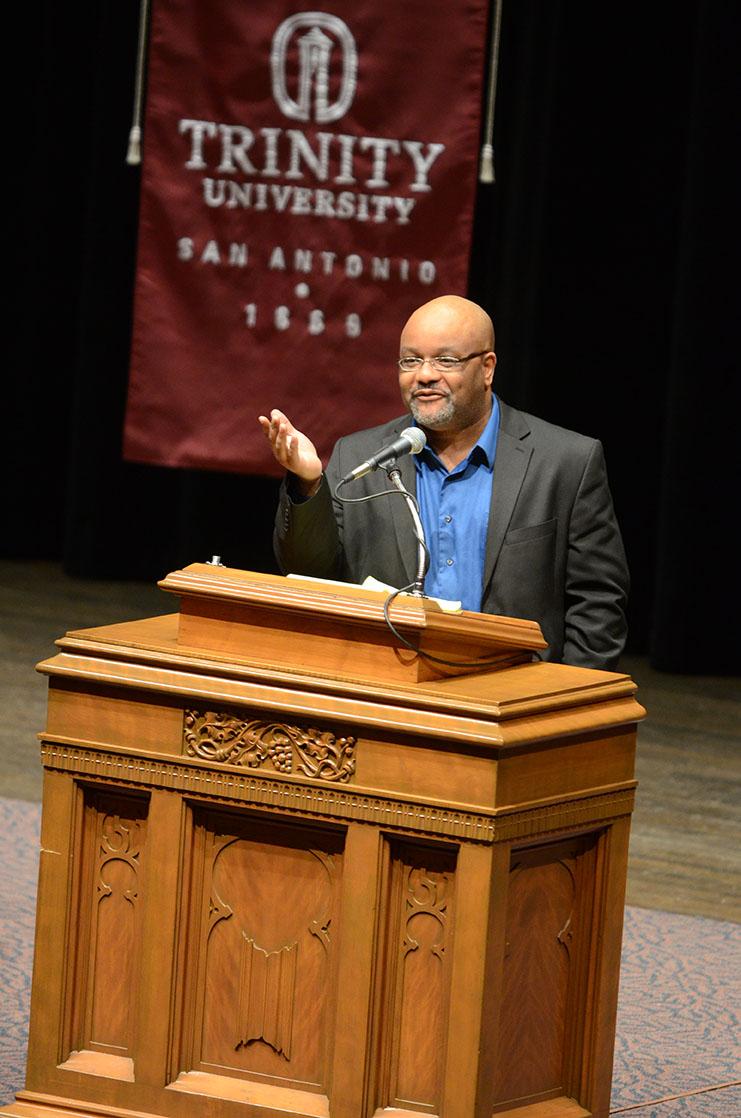 Boyce Watkins was featured speaker for the 2013 Martin Luther King Jr. Commemorative Lecture. Watkins lecture, Five Ways to Bring Dr. Kings Dream Back to Life, was held on Thursday, Jan 17, in Laurie Auditorium. Photo by Anh-Viet Dinh.