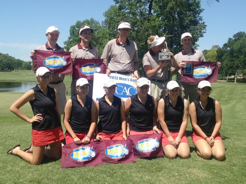 The+men+and+womens+golf+teams+pose+for+a+picture+after+going+one+and+two+respectively+at+the+Southern+Collegiate+Athletic+Conference+Championship+tournament+over+the+weekend.+Photo+courtesy+of+Carla+Spenkoch.