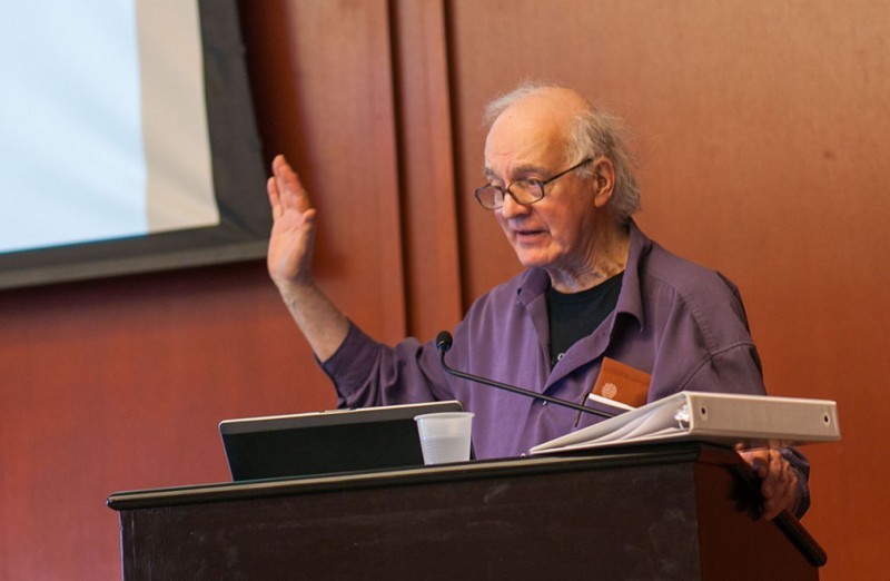 Jan Narveson, professor emeritus of philosophy at University of Waterloo in Canada, presented Professionals, Clients, and Rational Confidence last Thursday. This lectures is sponsored by the Charles Koch Foundation. Photo by Anh-Viet Dinh.