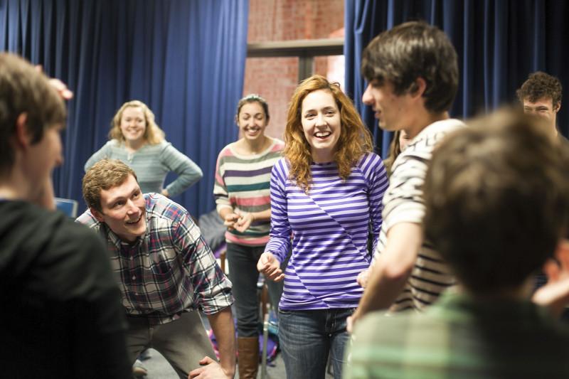 First year William Locke (left) and sophomore Maddie Smith (right) improvised during an improv session hosted by First Time Offenders last Friday. Photo taken by Anh-Viet Dinh.