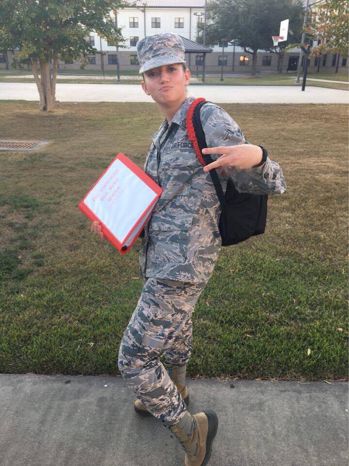 Sears strikes a silly pose as she strolls between her various classes and training sessions at Keesler AFB. Photo provided by Maddie Sears.