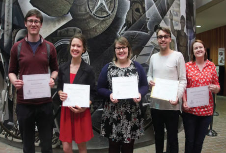 Photo by Leah Woehr. The five winners, Benjamin Collinger, Aubrey Parke, Samantha Heffner, Daniel Conrad, and Katie Funderburg pose with the certificates they received to commemorate their winning papers from the Undergraduate Research Awards.
