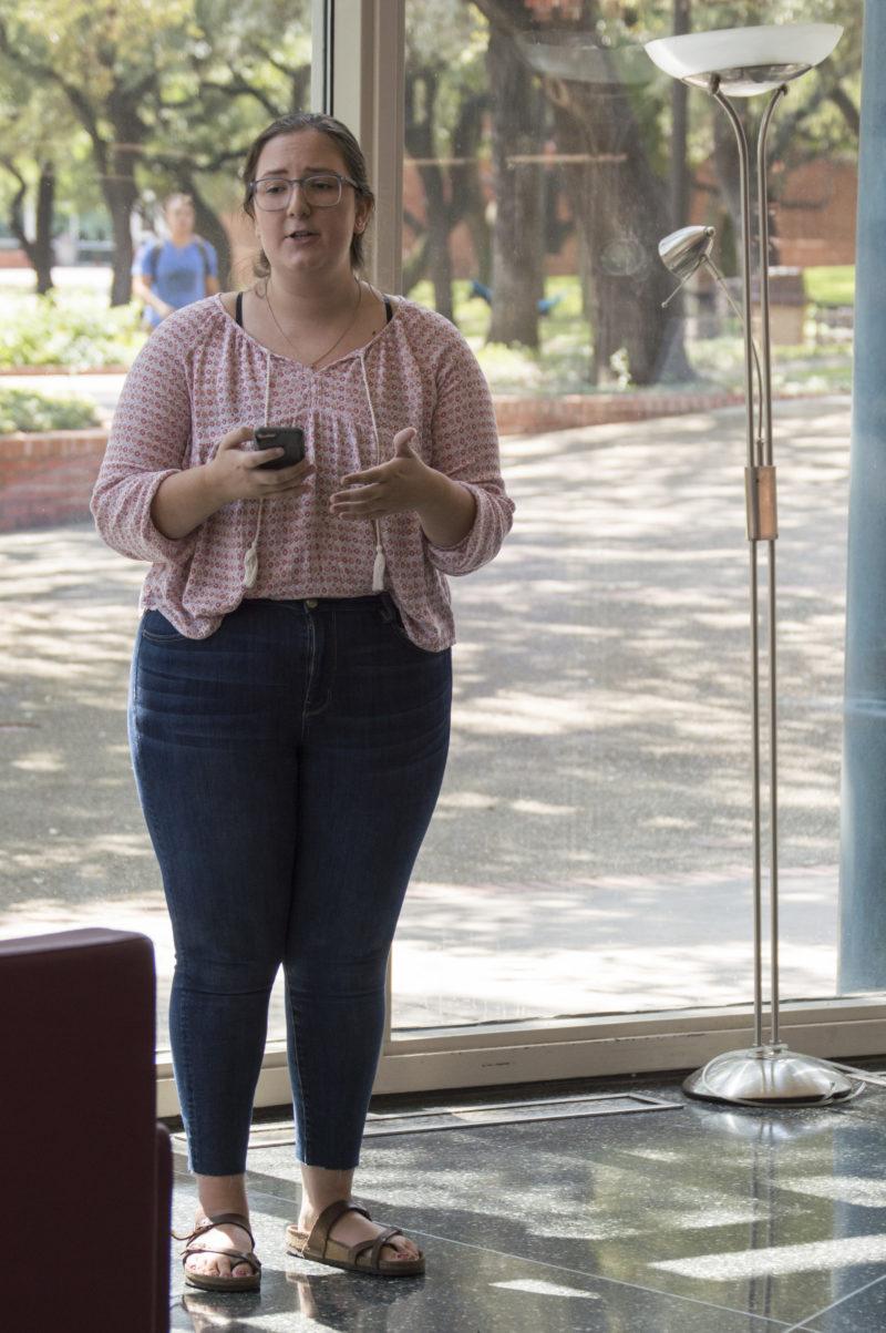Sophomore Emily Bourgeois speaks at the teach-in, an event created to help students better understand how Senate Bill 4 will affect Trinity. Photo by Chloe Sonnier