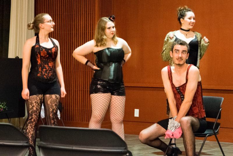 Part of the cast of The Rocky Horror Picture Show rehearse a scene before premiering Oct. 25-26. photo by Allison Wolff
