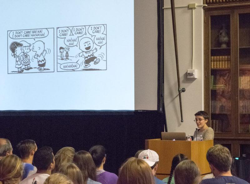 Award-winning graphic novelist Dylan Meconis presents her lecture Blink and Youâ€™ll See It: Form and Story in Todayâ€™s Graphic Novels, photo by Allison Wolff