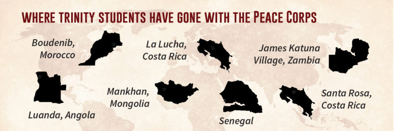 Where Trinity students have gone with Peace Corps. graphic by Tyler Herron