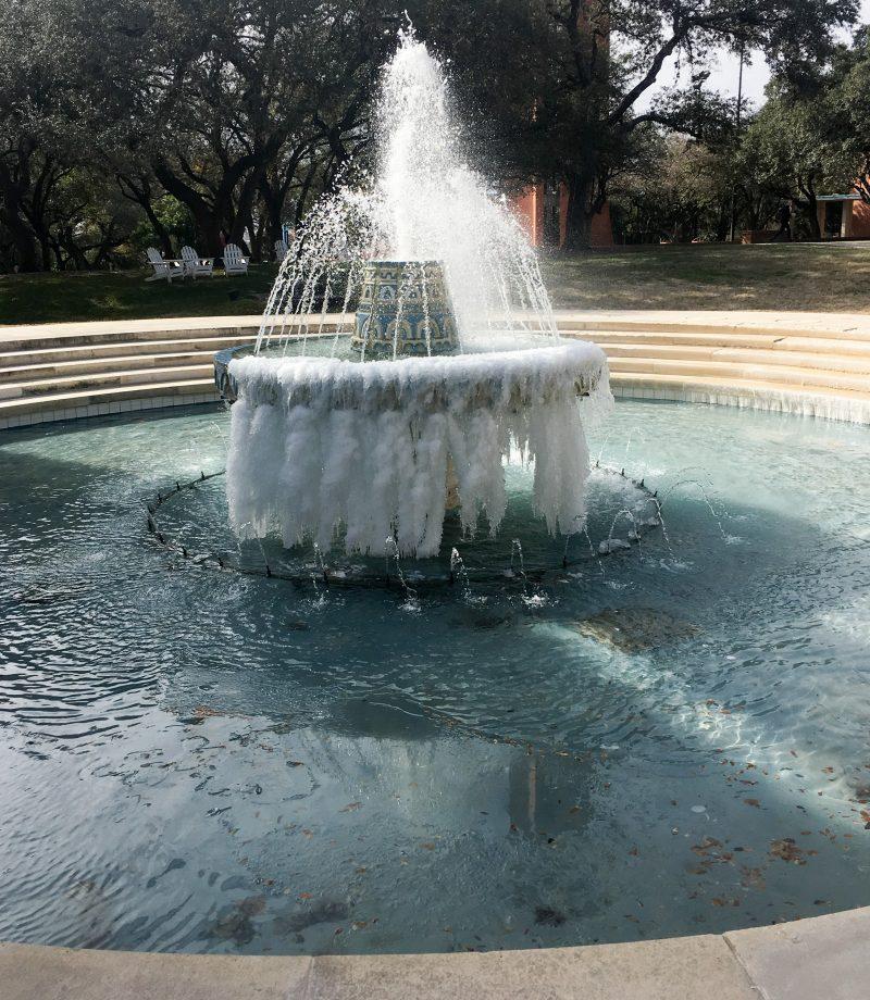 Temperatures plummeted earlier this week, leaving parts of campus frozen, including Murchison Fountain.  Photo by Andrea Nebhut, staff illustrator