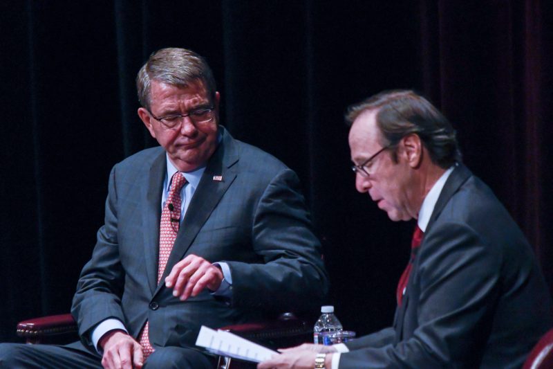 Ash Carter, left,  joins university president Danny Anderson, right, on stage at this year’s Flora Cameron lecture. The lecture series takes place annually and focuses on politics. Carter, former U.S. secretary of defense spoke at this year’s lecture. Carter focused on international security and foreign affairs. photo by Stephen Sumrall-Orsak, staff photographer