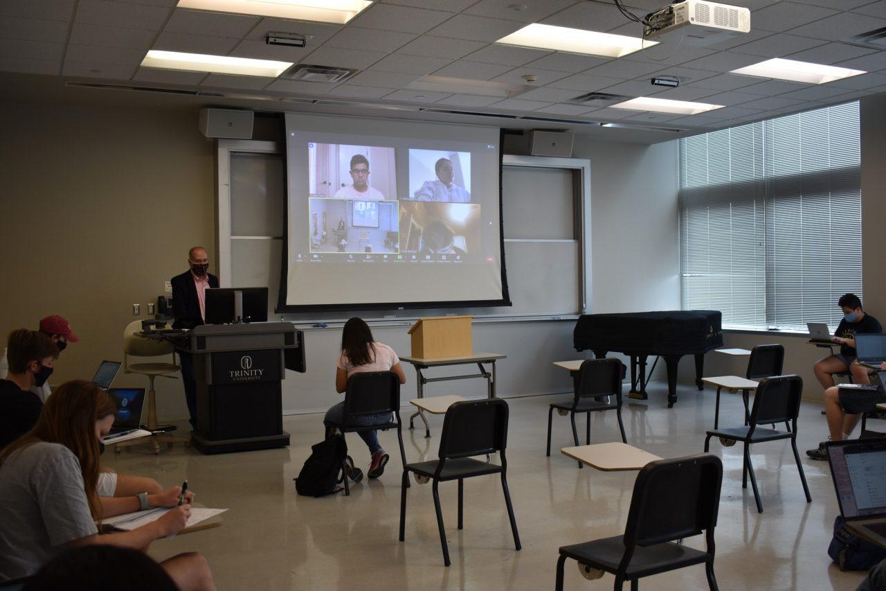 Dr. Heller teaching in a tiger flex style to both in-person and remote students. Remote students: Jesus Rosas, Rafaela Martinez, Tony Rodriguez. In-Person: Camille Abaya, Jacob Bruce, Jack Baker, David Prado and Emma Hagan Photo credit: Claire Sammons