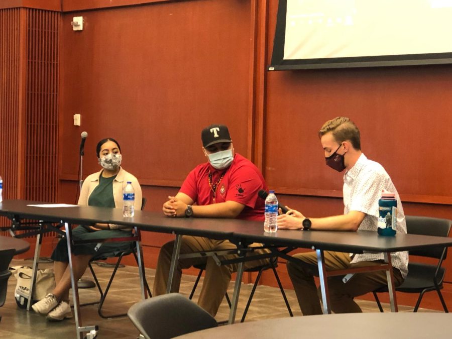 Jahnavi Nikkam (left), Ramon D Vasquez of American Indians in Texas at the Spanish Colonial Missions (center) and Nathan Brown (right) discuss the need for a land acknowledgement at an event last fall.