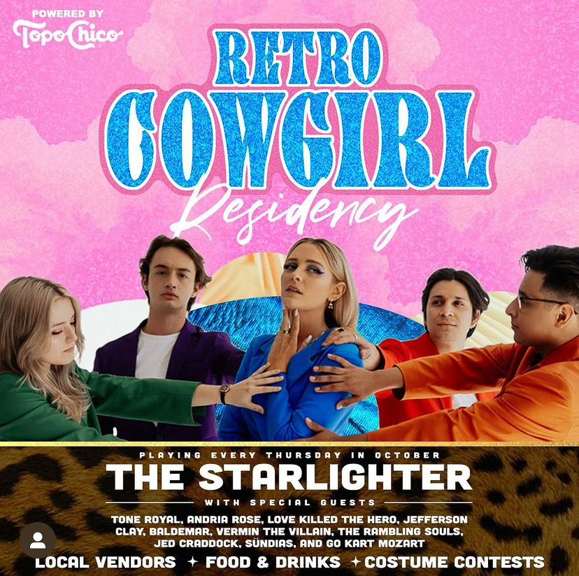 Retro Cowgirls official residency announcement poster. From left to right: Sophie Connolly, Jonluca Biagini, Lucky Steele, Luis Fiallos, and Luis Garcia.
