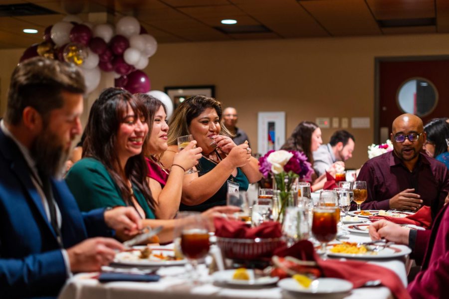 Staff, faculty, and students alike enjoy the First Gen Student dinner.