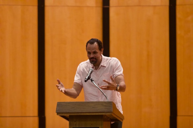 Ross Gay introduces himself at the Ross Gay lecture event.