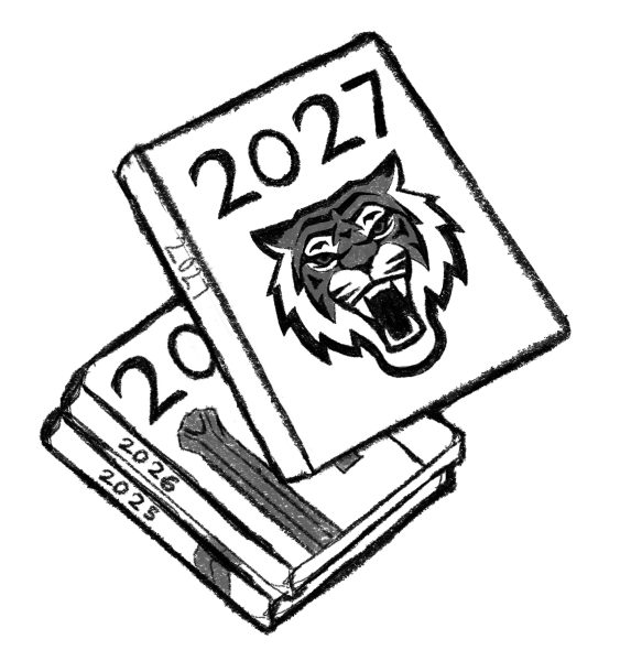 Illustration of a future 2027 yearbook, with a tiger, as well as two previous years books.