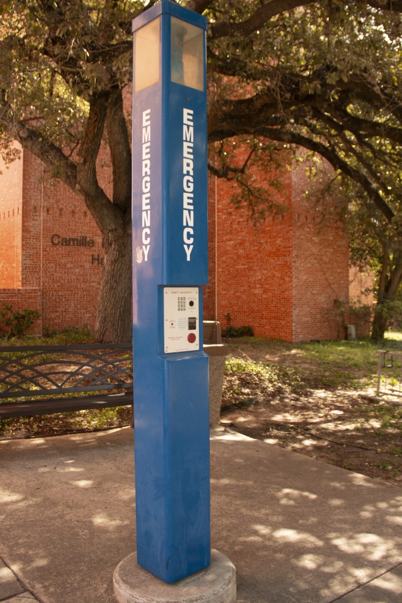 Blue emergency box outside of Bruce Thomas residential hall