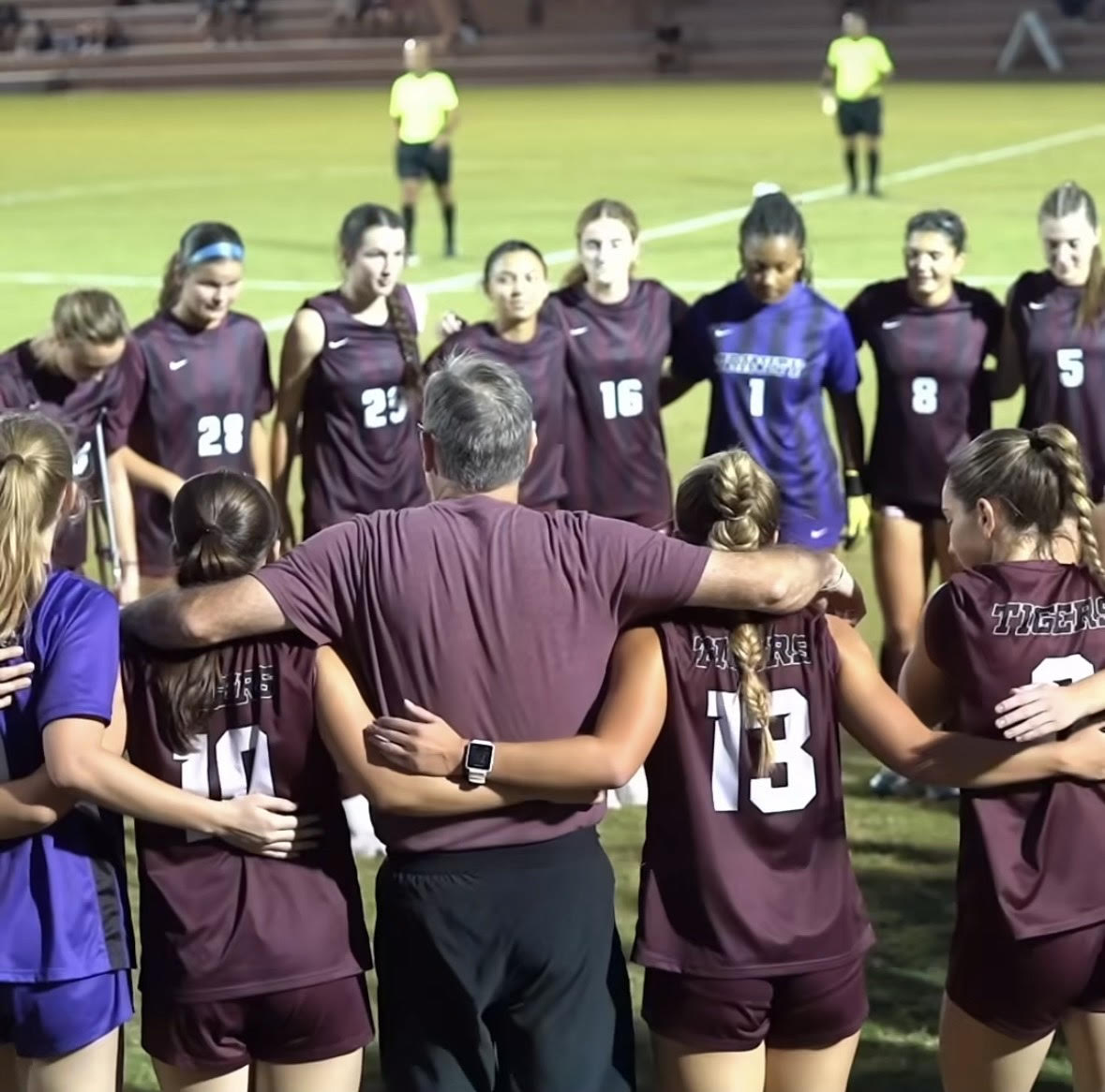 Trinity University women’s soccer circles up before the game against McMurry University.