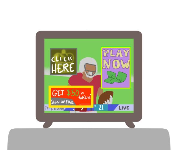 TV or monitor displaying a football game while being covered in gambling-related ads, color