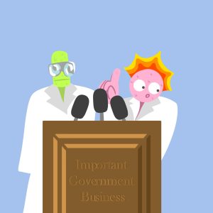 Two guys in lab coats sweatily addressing a podium labeled "important government business". The characters are loosely an inverse of Muppets Dr. Honeydew and Beaker. Color