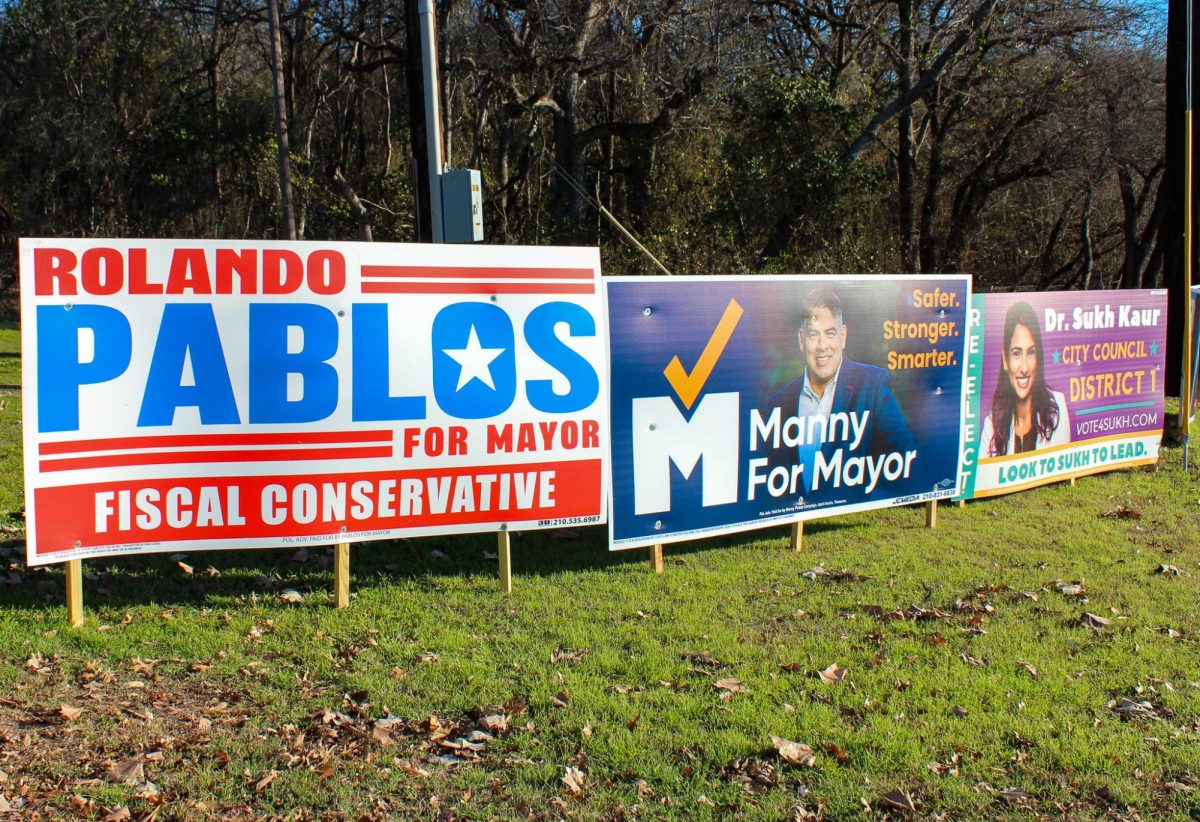 a row of campaign signs visible from the street