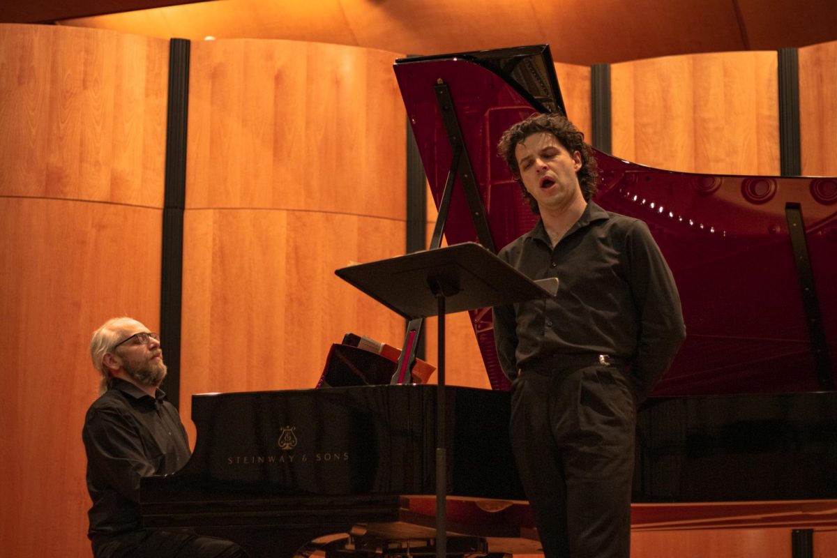 Pianist Zachary Ridgway and Baritone Vocalist Christopher Briggs Rodriguez perform Franz Schubert's Winterreise (Winter Journey) in Ruth Taylor Recital Hall on Jan. 25. Winterreise is a cycle of 24 songs set to the poetry of Wilhelm Müller, which Rodriguez sang in the original German.