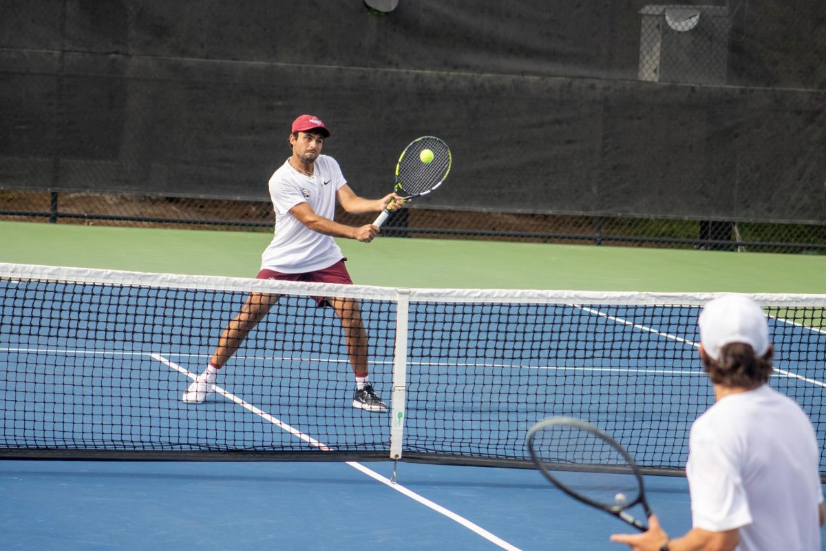 Junior Kishan Kersten, a finance major, returns a serve at the Pittman Tennis Courts at Trinity University on April 17, 2026.