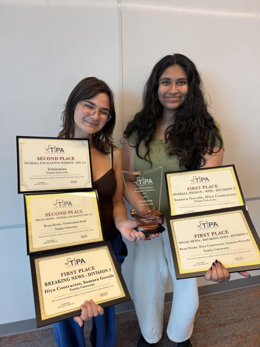 Editor-in-chief Samara Gerstle and Managing Editor Diya Contractor pose with some of their TIPA awards.
