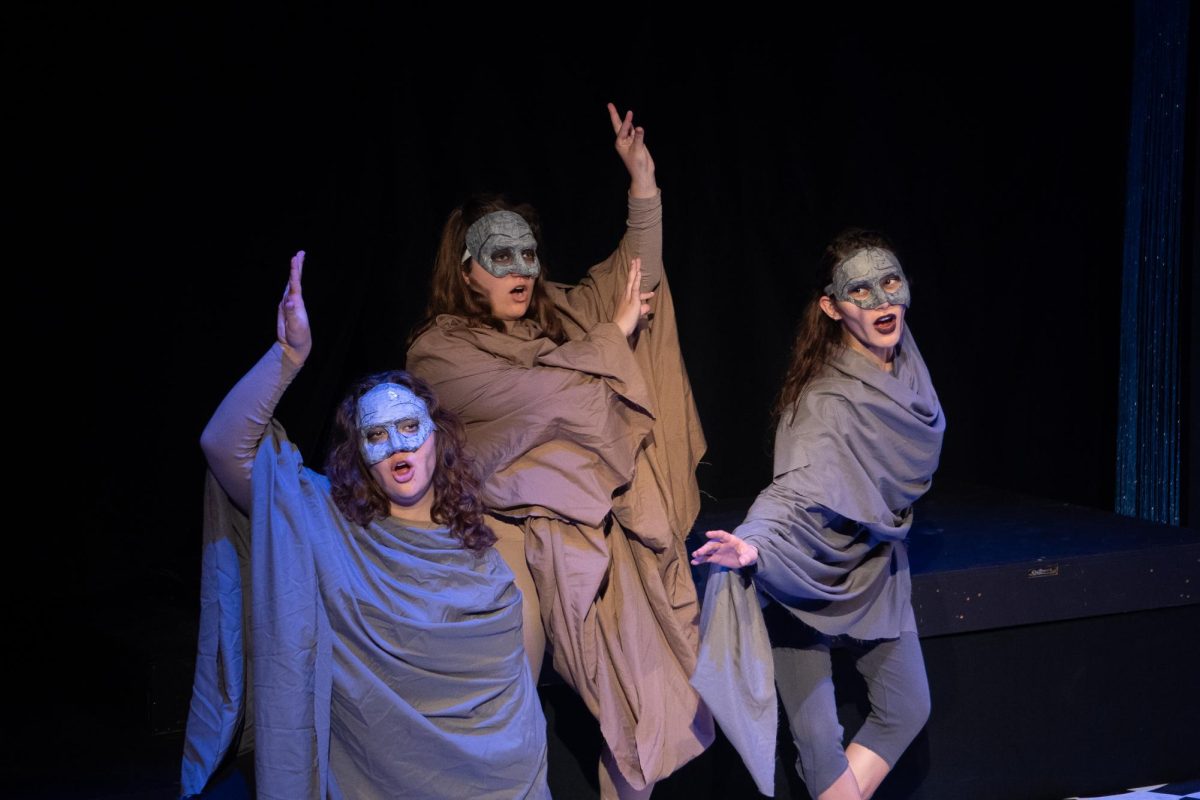 (Left to right) Junior Avery Deithloff, junior Caroline Falgoust, and senior Anna Kate Vaughn as the three stones for Trinity's spring production of Eurydice.