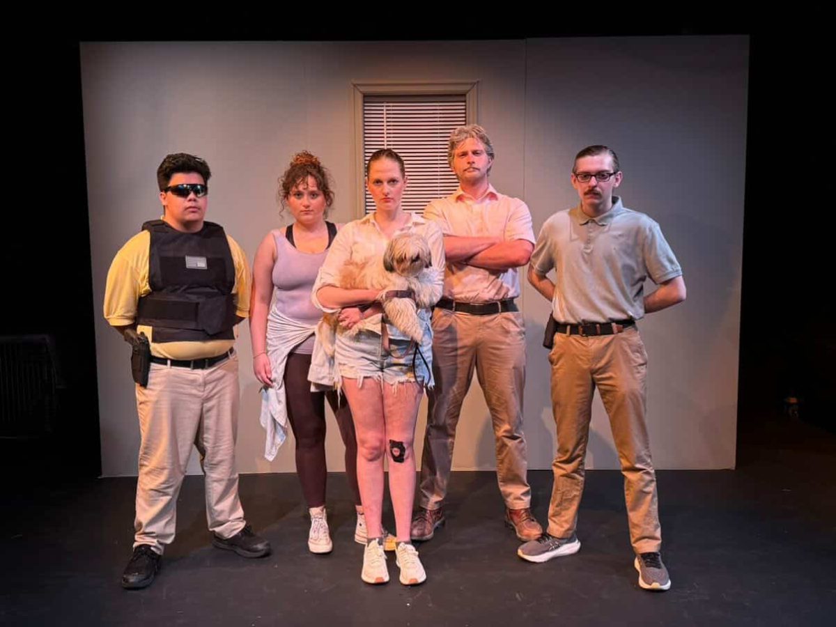 Presented above is the full cast of "Is This a Room?" From left to right: Jose Felix Combs, Zoe Nolan, Maggie Goydan, Zachary Dycus, Benjamin Pennebaker (and Benito Gomez, the dog)