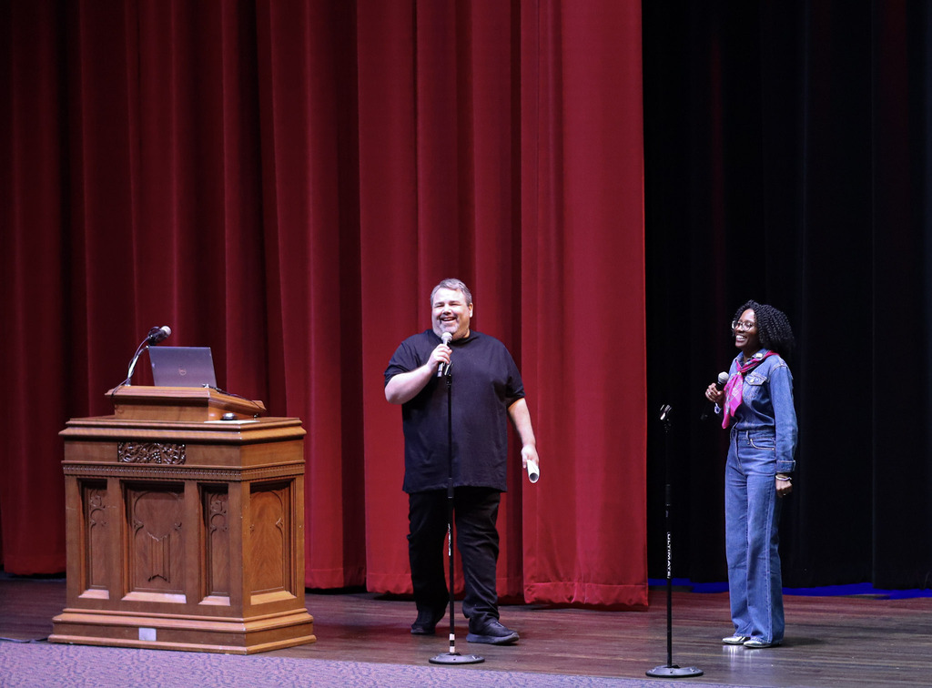 Michael Thomas answers questions at the PechaKucha event held on April 30 in the Laurie Auditorium.